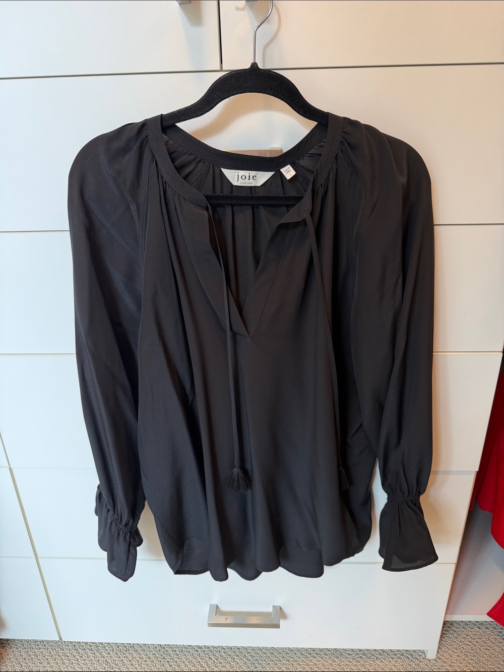 Joie Black Long-Sleeve Silk Tassel Tie Blouse